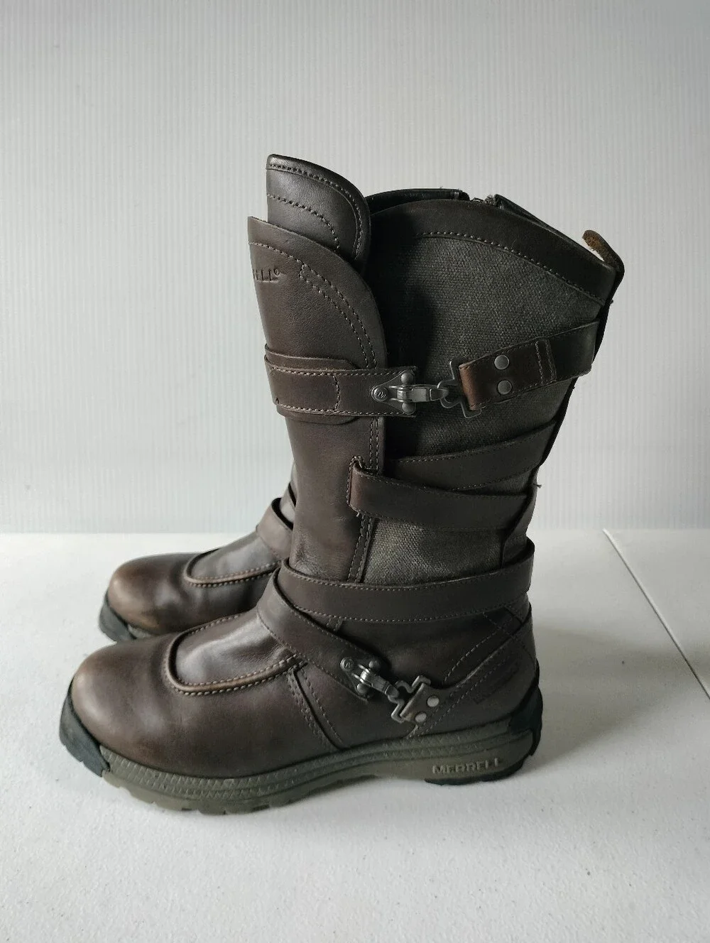 Merrell Womens Strappy Brown Leather Waterproof Mid-Calf Boots 7 Rain Winter
